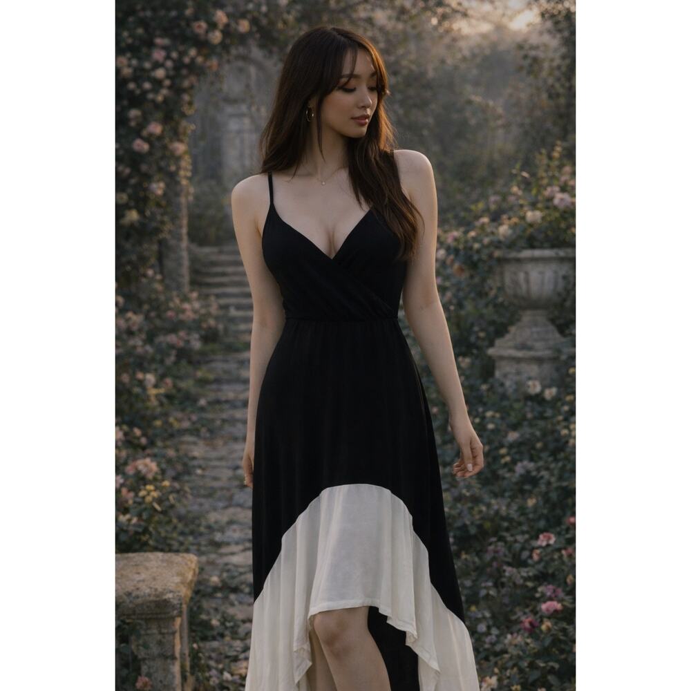 Sangria + Sunsets plunging jersey silhouette colorblock cocktail maxi dress